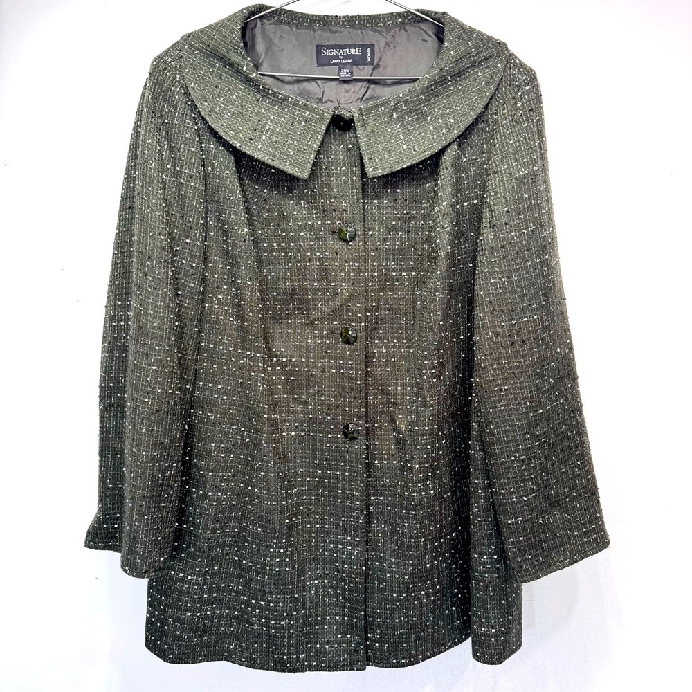 Army Green Tweed Swing Coat Retro Peter Pan Collar Signature by Larry Levine